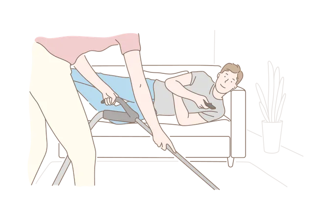 Woman cleaning floor and man lying on sofa  Illustration