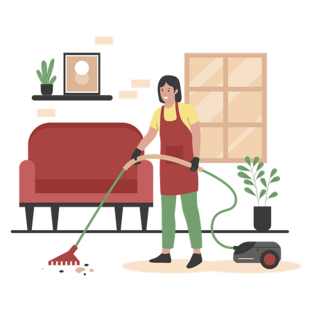 Woman cleaning floor with vacuum cleaner Illustration