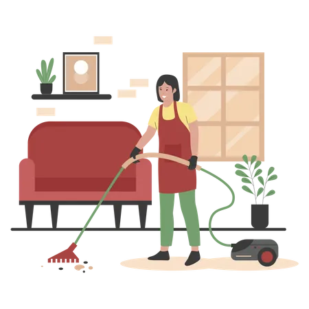 Woman cleaning floor with vacuum cleaner Illustration