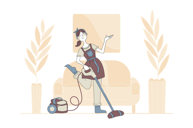 Woman cleaning floor with vacuum cleaner  Illustration