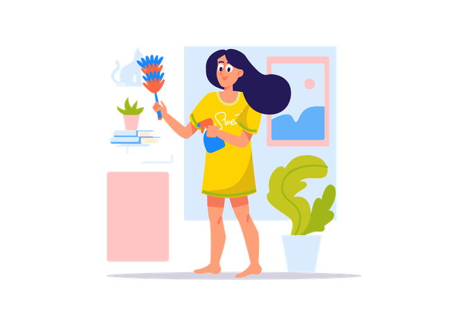 Woman cleaning flower pot  Illustration