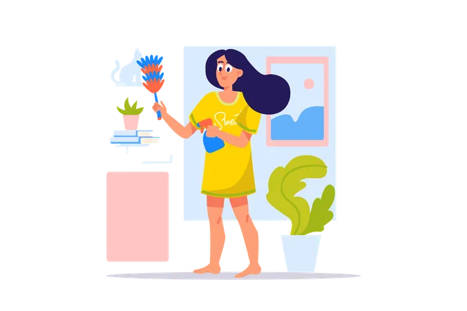 Woman cleaning flower pot  Illustration