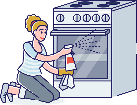Woman cleaning gas stove at home Illustration