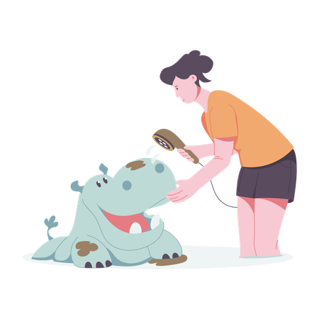 Woman cleaning Hippo  Illustration