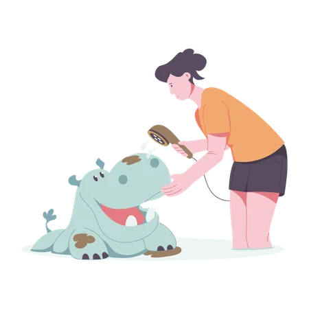 Woman cleaning Hippo  Illustration