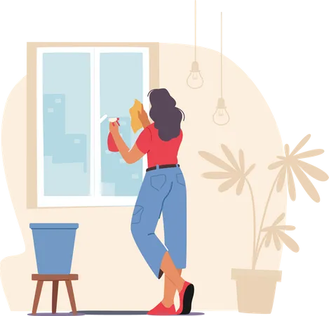 Woman Cleaning Home Wiping Window With Wet Rag And Sprayer Female Character Household Activity Housekeeping Process Everyday Routine Of Duties And Chores Houseworking Cartoon Vector Illustration Illustration