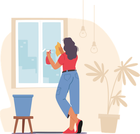 Woman cleaning house windows  Illustration