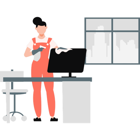 Woman cleaning monitor  Illustration