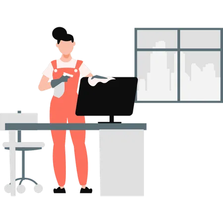 Woman cleaning monitor  Illustration