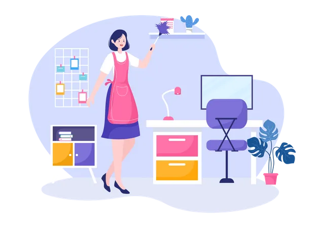 Woman cleaning office Illustration