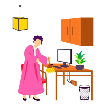 Woman Cleaning Office At New Year Illustration