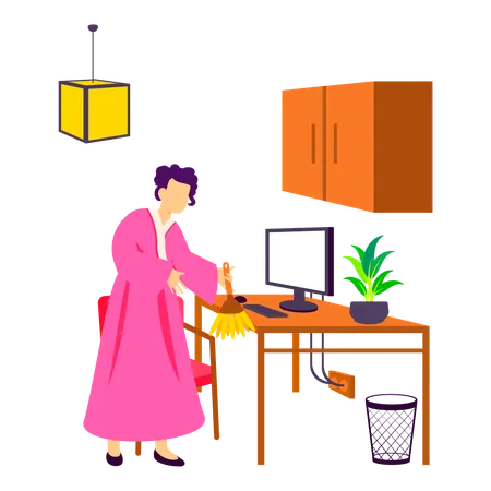 Woman Cleaning office at new year  Illustration