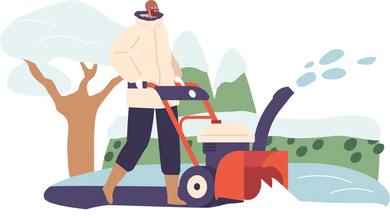 Female Character Cleaning Snow On Street Determined Woman Conquering Winter Wrath With Her Snow Blower Transforming Her House Yard Into A Snow Free Haven Cartoon People Vector Illustration Illustration