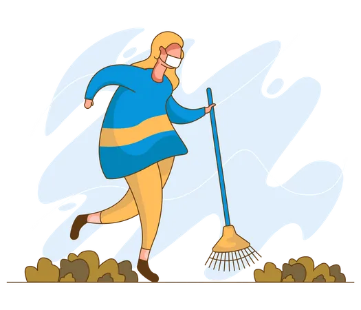 Woman cleaning street while wearing mask  Illustration