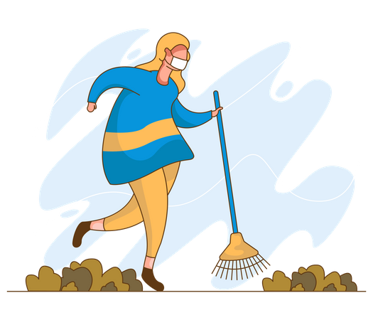 Woman cleaning street while wearing mask  Illustration