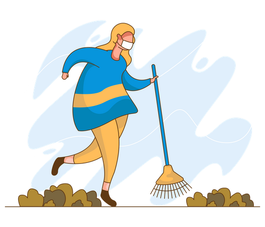 Woman cleaning street while wearing mask  일러스트레이션