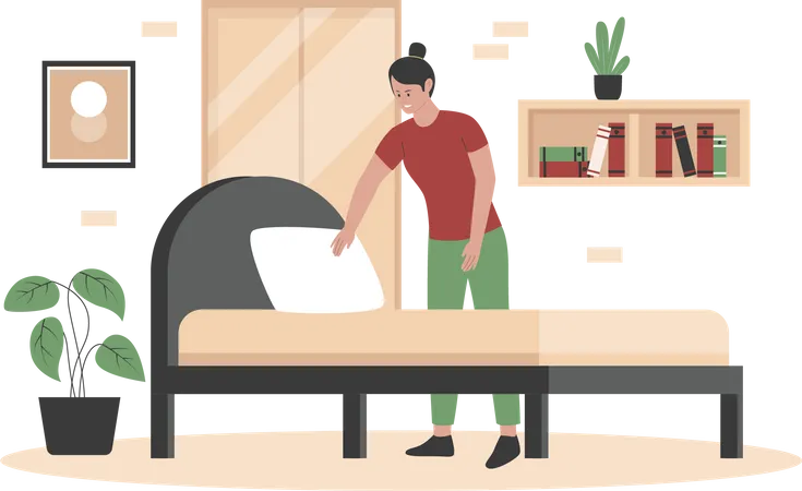 Woman cleaning the bed Illustration
