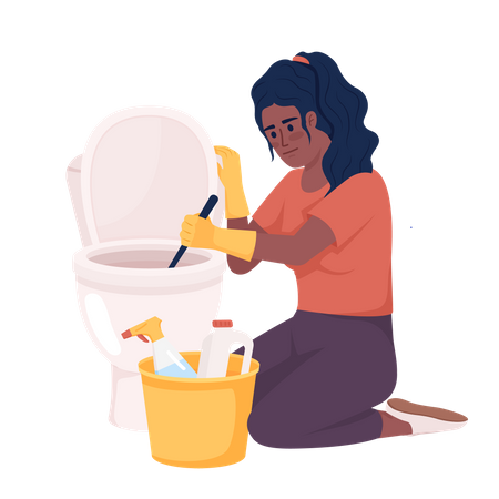 Woman cleaning toilet with brush and detergents  Illustration