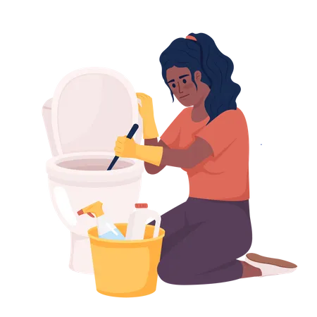 Woman cleaning toilet with brush and detergents  Illustration