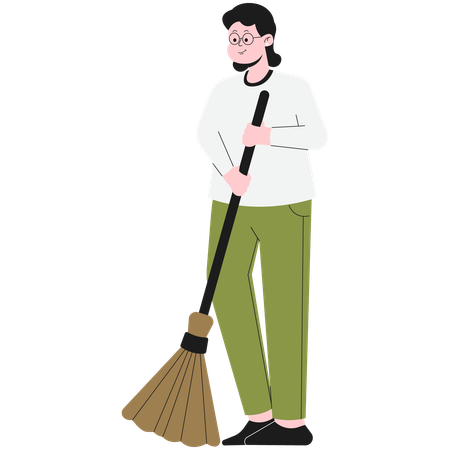 Woman Cleaning Using Broom  Illustration