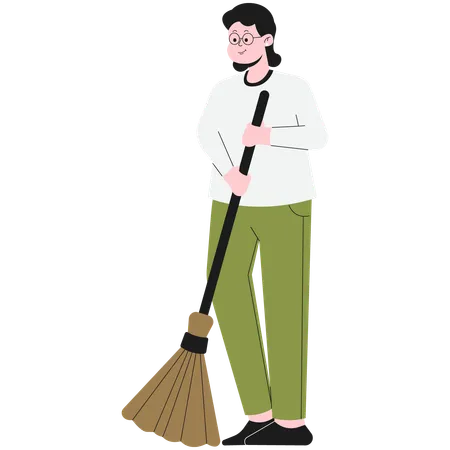 Woman Cleaning Using Broom  Illustration