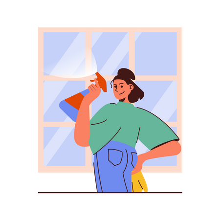 窓を掃除する女性  イラスト