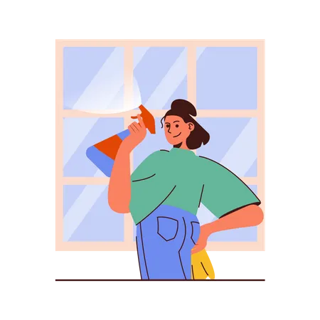 窓を掃除する女性  イラスト