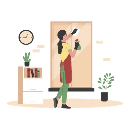 Woman cleaning window mirror Illustration