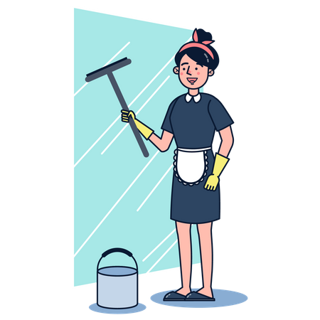 Woman cleaning window using window wiper Illustration