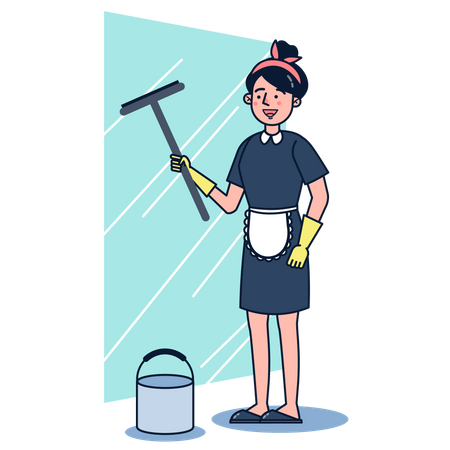 Woman cleaning window using window wiper  일러스트레이션