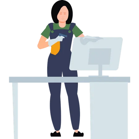 Woman cleaning worker cleaning monitor  Illustration