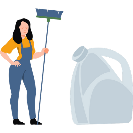 Woman cleaning worker holding cleaning brush  Illustration