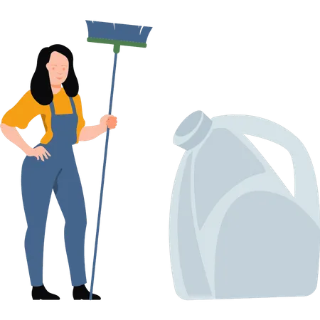 Woman cleaning worker holding cleaning brush  Illustration