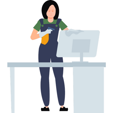 Woman cleaning worker cleaning monitor  Illustration