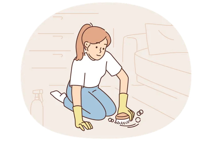Woman cleans carpet using chemical detergent and brush to get rid of dust  Illustration