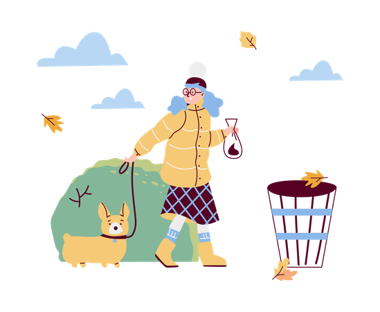 Woman cleans feces after his pet in park  Illustration