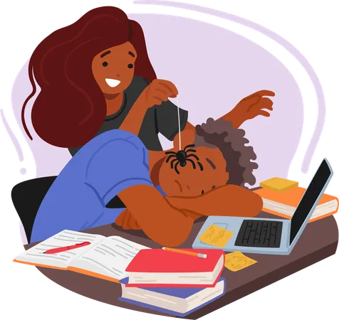 On April Fools Day A Woman Character Cleverly Places A Realistic Fake Spider On Her Sleeping Friend Face Eagerly Anticipating His Startled Awakening Cartoon People Vector Illustration Illustration