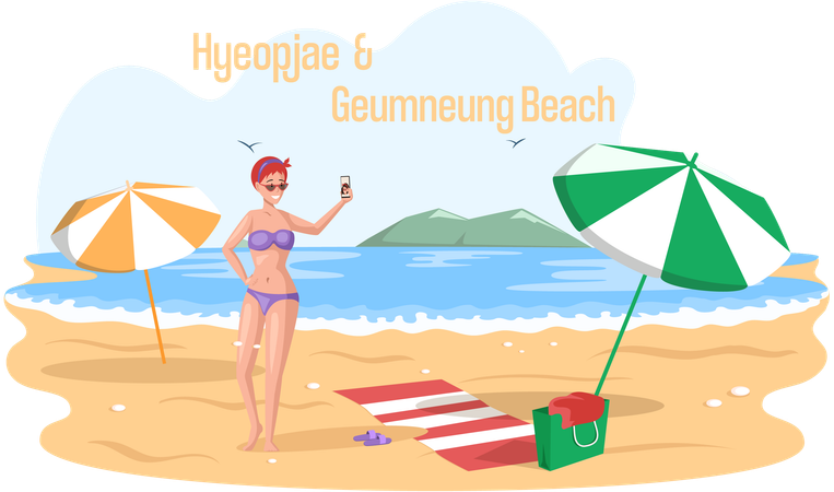 Woman clicking beach pictures  Illustration