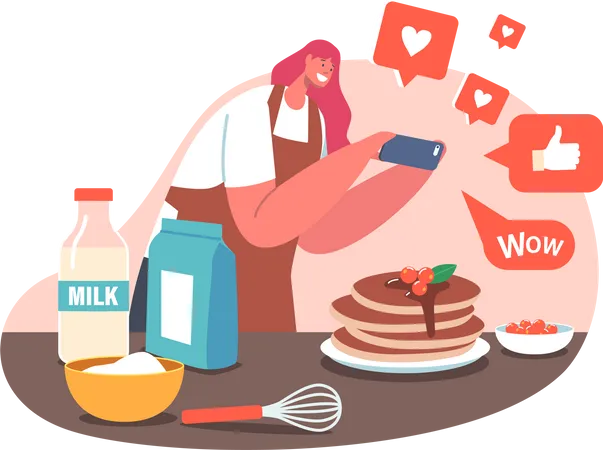 Woman clicking food item photo for posting it on social media Illustration