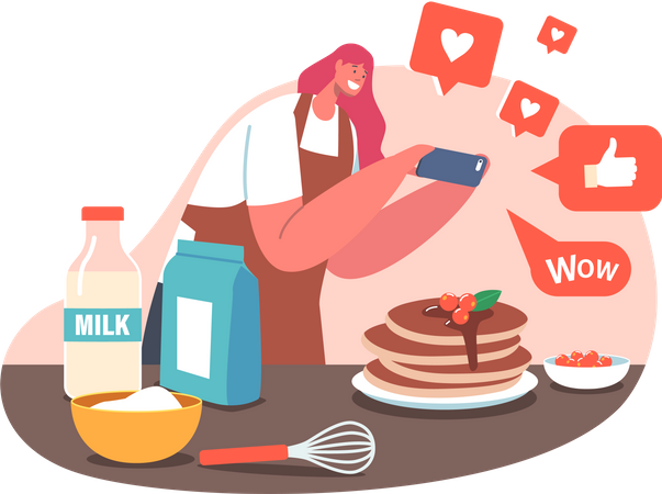 Woman clicking food item photo for posting it on social media  Illustration