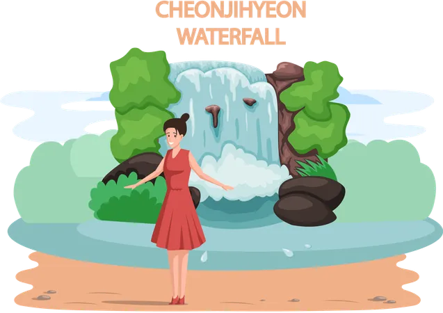 Woman clicking images at Cheonjiyeon Waterfall  Illustration