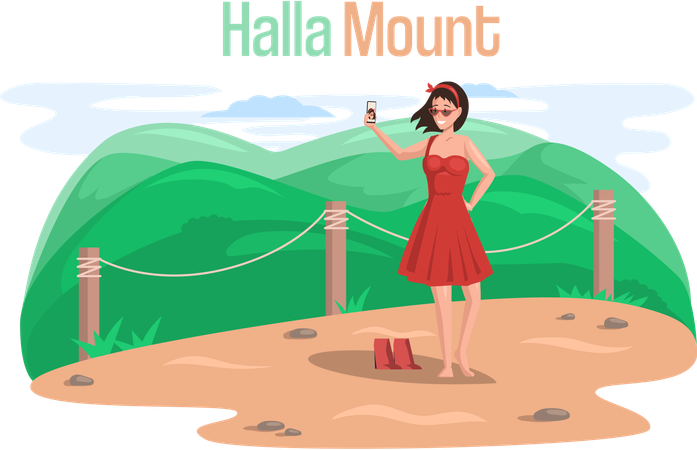 Woman clicking images at scenic spot  Illustration