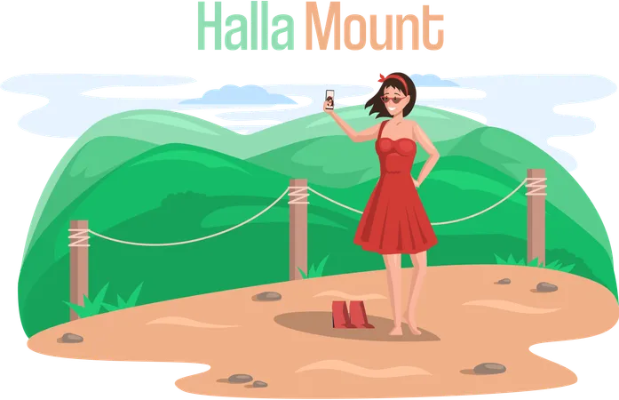 Woman clicking images at scenic spot  Illustration