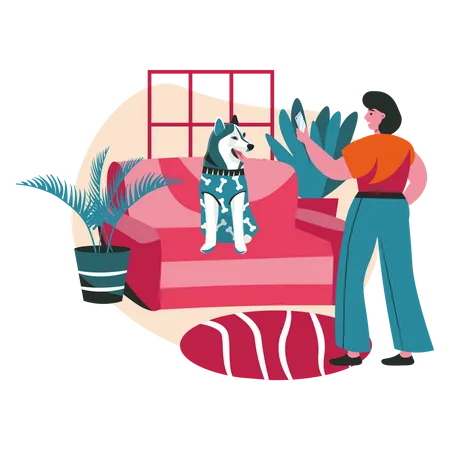 Different Situations In The Life Of Pets Scene Concept Woman Photographs Her Dog In Clothes At Home Animal Care Pet With Owner People Activities Vector Illustration Of Characters In Flat Design Illustration