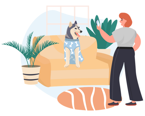 Woman clicking photo of dog  Illustration