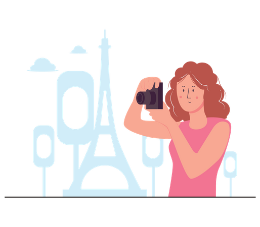 Woman clicking photo of Eiffel Tower  일러스트레이션