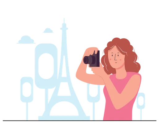 Woman clicking photo of Eiffel Tower  Illustration