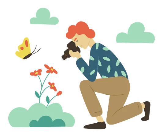 Side View Of Female Character Holding Camera Shooting Flower Sitting Woman Holding Digital Equipment Photo Shooting Blossom Butterfly And Cloud Vector Illustration
