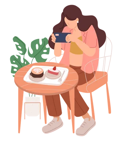 Woman clicking photo of food  Illustration