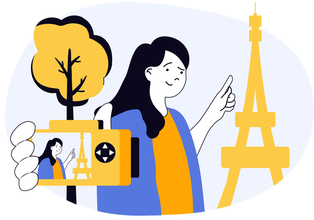 Woman clicking pictures at Eiffel Tower  Illustration